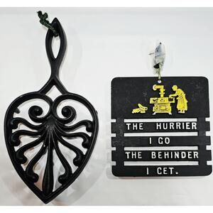 2 Vintage Cast Metal Footed Trivets-Heart Shape w/Handle & Square Country Sayin